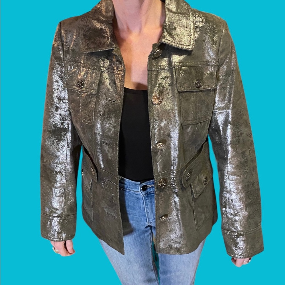 Tory Burch Genuine Leather Button Up Metallic Gunmetal Collared Jacket Size 6